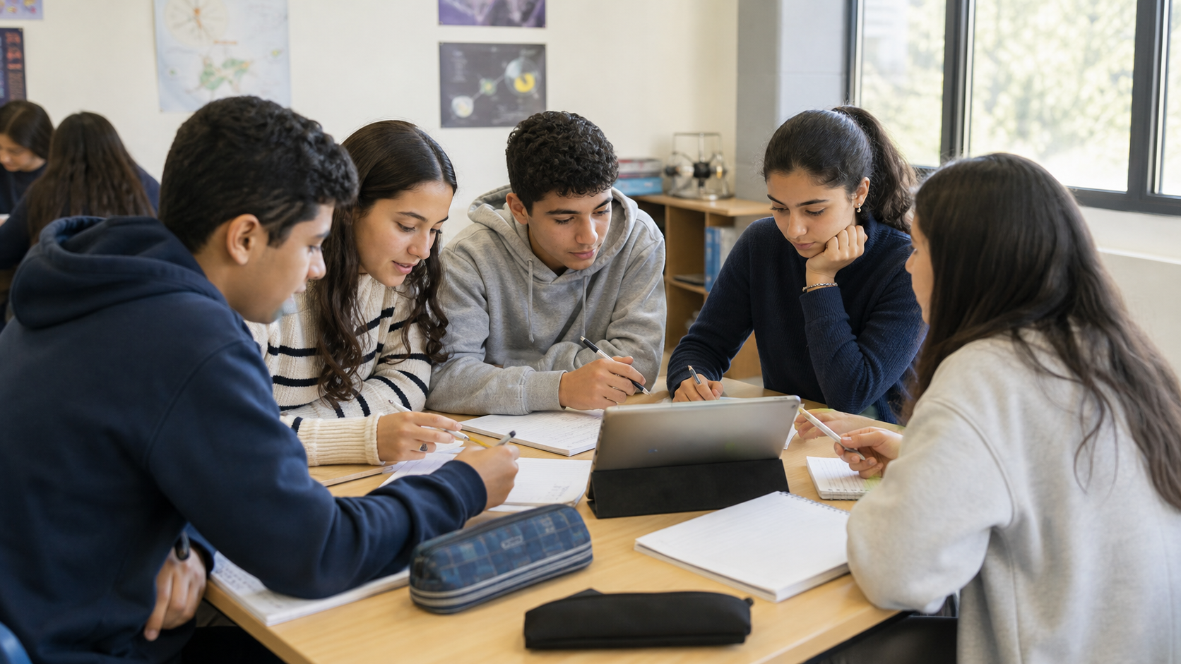 Students collaborating around a classroom table