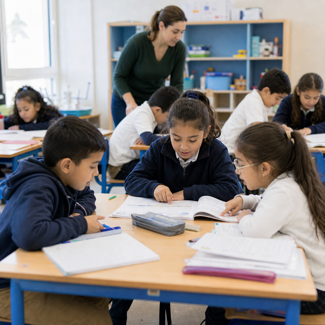 Elementary students reading and solving problems with their teacher