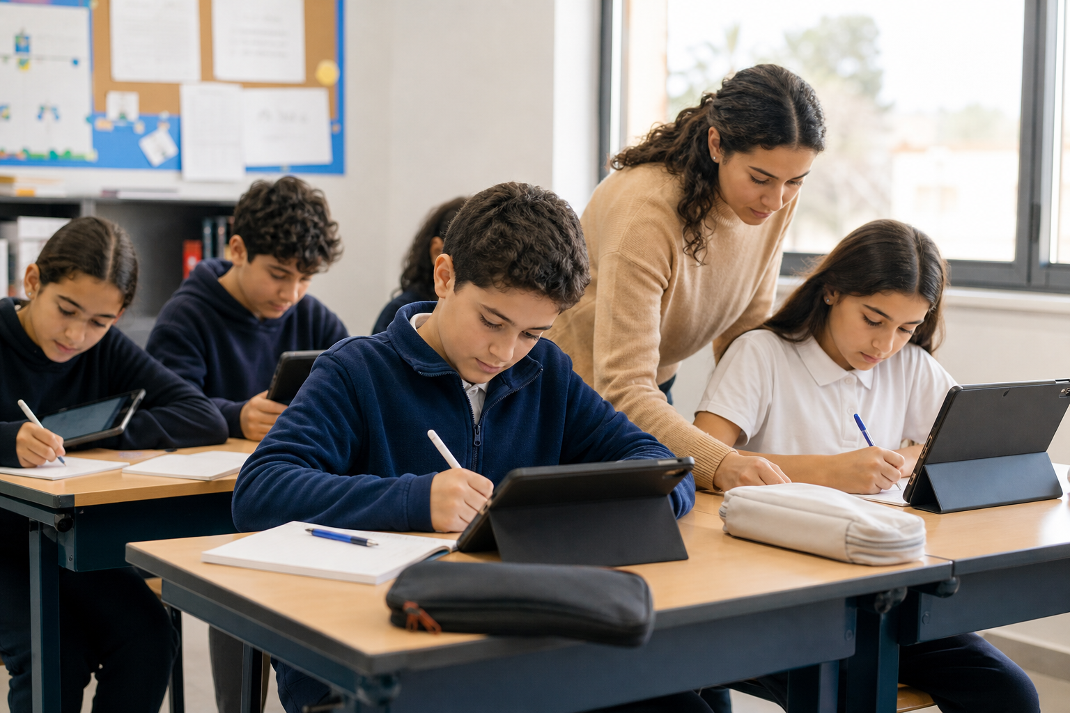 Students using tablets and notebooks during a lesson